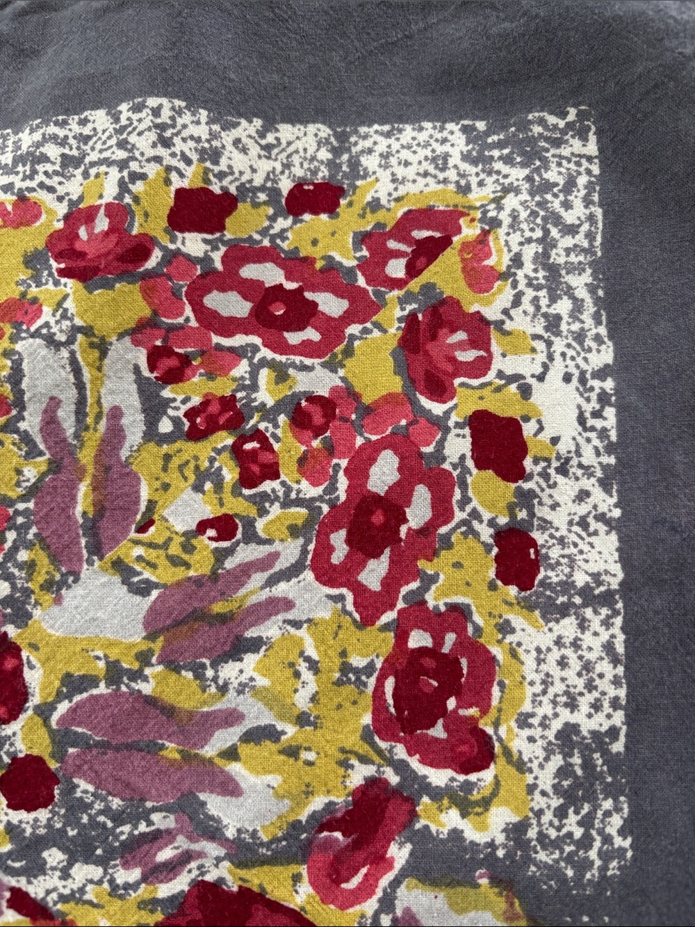 Coleus Nature tablecloth,cotton,blue/gray w/red, chartreuse,white floral, 71x71”